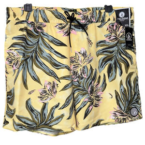 Volcom Mens 2XL Surf Board‎ Shorts Swim Trunks Palm Dawn Yellow Elastic Waist